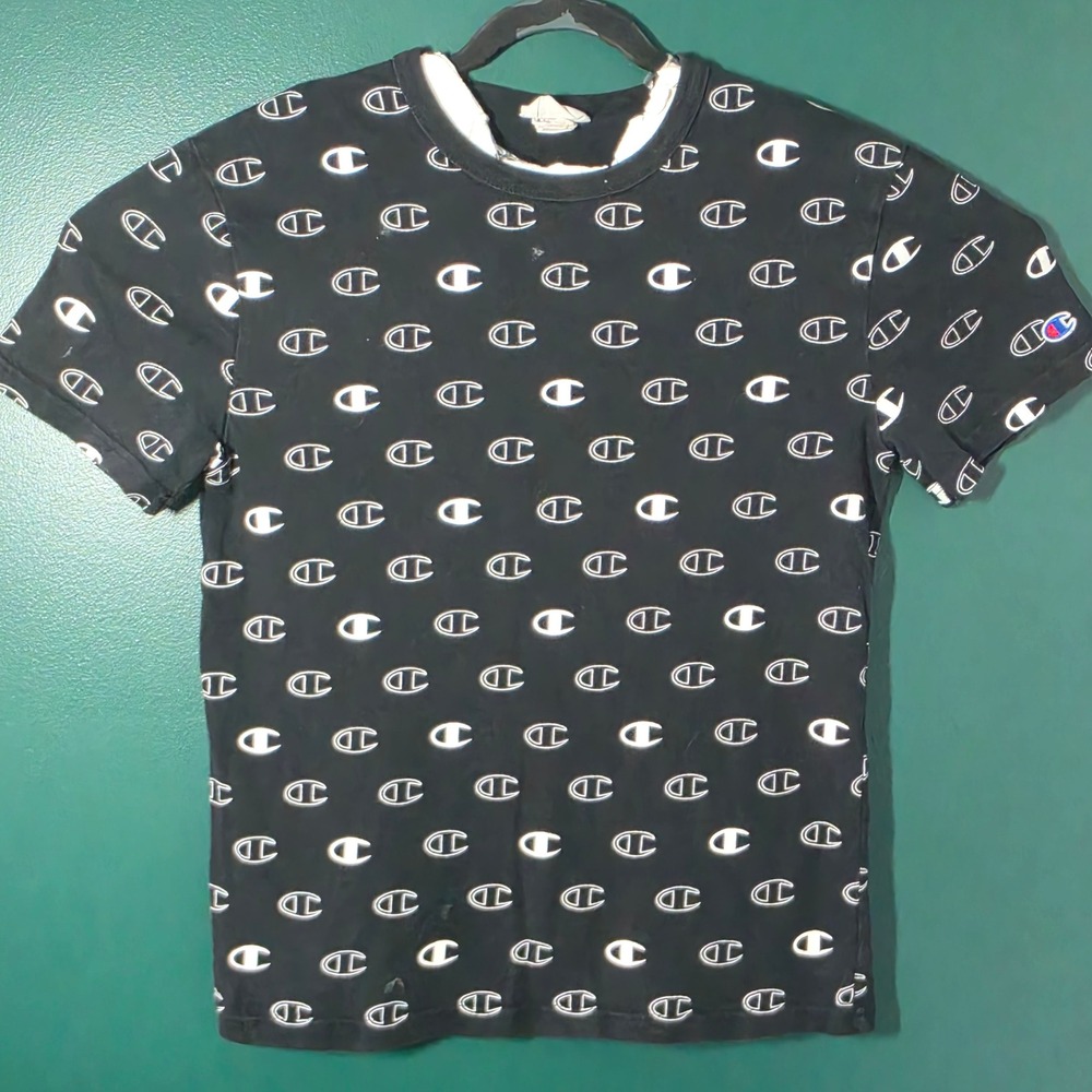Champion Mens All Over Print Big C Logo T-Shirt Black Small Short Sleeve Tee